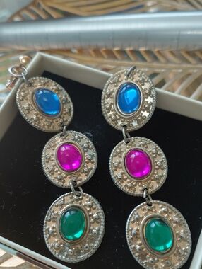 Multi Colored Stone Dangle Clip Earrings - vintage